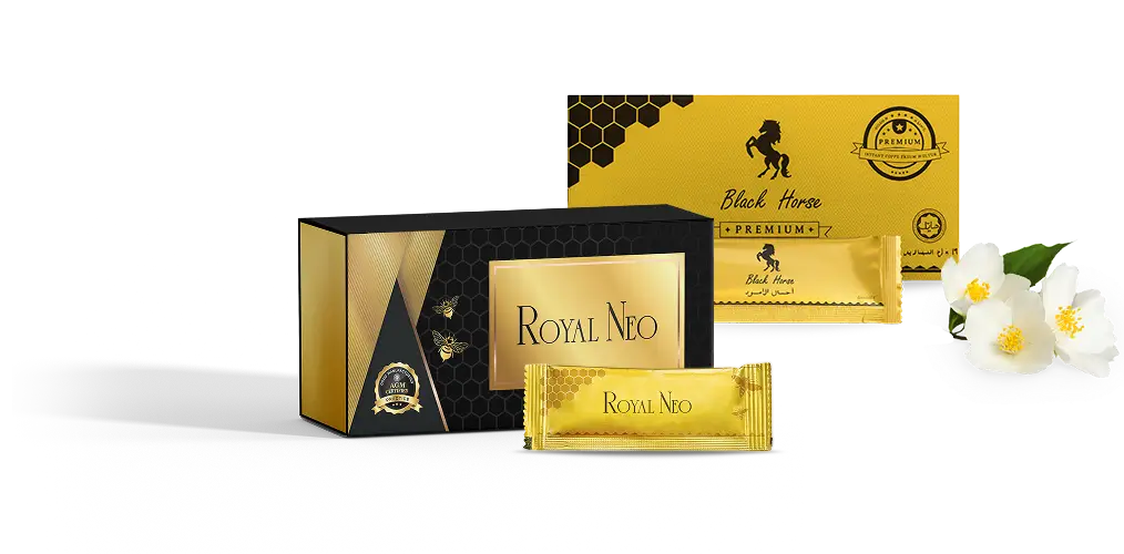 ロイヤルネオとブラックホースのパッケージとスティック状ハチミツ製品